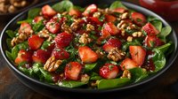 Fresh spinach salad topped with sliced strawberries, candied pecans and balsamic glaze on black plate, close up view of healthy gourmet appetizer.