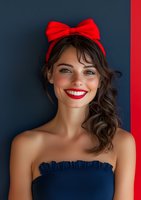 Young Caucasian woman with bright red lipstick and bow headband smiling against dark blue background. Wearing strapless navy dress with ruffle detail. Professional beauty portrait.