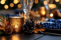 Glowing candle holder with pine cones and blue berries decoration against blurred golden bokeh lights creates cozy festive atmosphere for winter holidays.