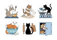 Cartoon cats cooking and kitchen activities, isolated on white background. Includes chef cat with utensils, cat with fish, cat on stove, sleeping cat in bowl, silhouette cat, and cat in pantry. Ready for design use on apparel, clipart, and merchandise.