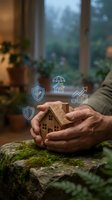 Mature adult hands holding wooden house model with insurance and financial security icons floating above, representing home protection and investment planning.