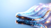 Shimmering liquid glass wave with iridescent blue and pink reflections creates mesmerizing abstract macro photography composition on dark background.
