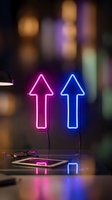Neon arrow signs glowing pink and blue on dark background with bokeh lights creating modern urban nighttime atmosphere for business and direction concepts.