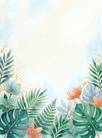 Watercolor tropical foliage frame with monstera leaves, palm fronds, and coral flowers on light background. Isolated botanical border design for invitations, cards, and creative projects.