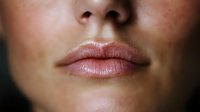 Close up view of natural pink glossy lips and nose against dark background, showing skin texture and facial features in soft lighting for beauty and cosmetic concepts.