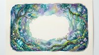 Watercolor fantasy forest frame with magical trees, flowers and mystical atmosphere creating enchanted woodland border for fairy tale designs.