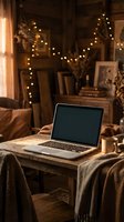Laptop with blank screen on wooden desk in cozy home office decorated with warm string lights, blankets, and autumn decor for remote work and creative projects.