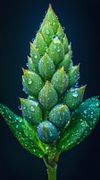Fresh green plant bud covered in morning dew drops against dark background, macro photography showing intricate natural details and water droplets on leaves.