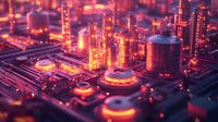 Futuristic industrial refinery with glowing orange lights and towers at night, miniature tilt-shift effect creates surreal cityscape atmosphere for technology concepts.