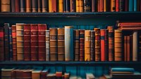 Vintage leather-bound books arranged on wooden library shelf, featuring rich brown, red, and blue spines with gold lettering in moody atmospheric lighting.