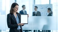 Businesswoman with dark hair, South Asian ethnicity, wearing black blazer and light blue shirt, holding tablet with blank white screen in modern office with colleagues in background meeting room.
