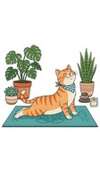 Orange tabby cat stretching on yoga mat surrounded by potted plants including monstera and snake plant, wearing blue bandana. Isolated clipart on white background for design, t-shirts, and home decor.