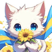 Adorable white kitten with big blue eyes holding sunflower, anime style artwork with blue ribbon and yellow petals floating in background. Digital art for children's books.