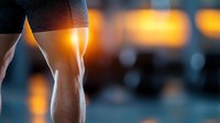 Athletic male leg muscles during workout at sunset, with warm orange bokeh lights creating dramatic atmosphere for sports and fitness concepts.