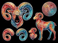 Aries zodiac sign collection with ornate ram head, horns, and full body goat illustration in vibrant red, gold, and blue colors. Isolated on transparent background, ready for t-shirts, stickers, clipart, sublimation, and print-on-demand designs.