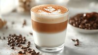 Layered coffee drink with milk foam, espresso, and cream dusted with cinnamon powder, surrounded by coffee beans on light surface.