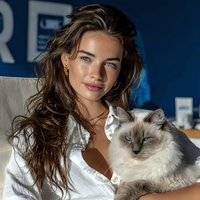 Young brunette woman in white shirt holding fluffy ragdoll cat with blue eyes in modern office setting for pet care and business lifestyle concepts.