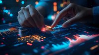 Hands analyzing financial data on digital screens with glowing charts, graphs and market indicators in blue and orange colors. Trading dashboard interface.