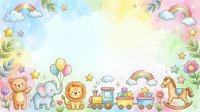 Cute teddy bear, lion, elephant and rocking horse with balloons, train, rainbows and stars on pastel background. Nursery wall art.
