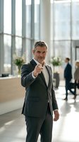 Confident mature businessman in suit pointing finger at camera in modern office lobby with natural light and professional atmosphere.