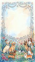 Watercolor dog breeds border frame with floral ornaments and hearts on pastel background for pet lover stationery and greeting cards.