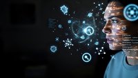 Young African American man interacting with futuristic holographic interface displaying digital icons and data visualization for technology concepts.