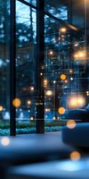 Digital network visualization with glowing nodes and connections overlaid on modern office space with large windows at dusk.