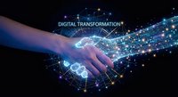 Digital transformation concept with human and robotic hands connecting through glowing network of data points and technological connections on dark background.