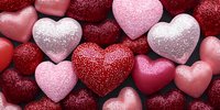 Glittering red and pink heart shapes with sparkly textured surface create romantic pattern for Valentine's Day, wedding or anniversary celebration background.