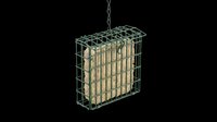 Hanging suet bird feeder with green metal cage and chain, isolated on transparent background, ready for clipart, stickers, print on demand, and t-shirt design use.