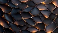 Abstract dark metallic scales with glowing golden edges creating futuristic pattern background. Luxury geometric surface with dramatic lighting effects.