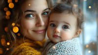 Young Caucasian mother holding adorable baby in white knit sweater against blurred bokeh lights background, creating warm intimate atmosphere for family portraits.