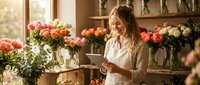 Young blonde female florist using tablet in flower shop surrounded by colorful rose arrangements and natural lighting for small business management.