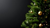 Decorated Christmas tree with gold ornaments and warm lights against dark background, perfect for holiday season marketing materials.