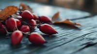 Fresh red rosehips scattered on dark wooden surface with autumn leaves, moody natural lighting creates dramatic atmosphere for seasonal food photography.