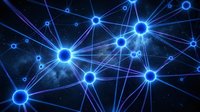 Abstract blue network connections with glowing nodes and light beams on dark background for technology and digital communication concepts.