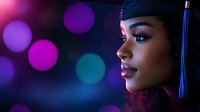 Young African American female graduate in cap with tassel against vibrant purple and blue bokeh background, profile view showing confident smile and glowing skin.