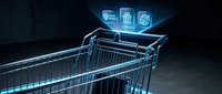 Digital shopping cart with glowing technology icons representing modern e-commerce and online retail experience on dark background.
