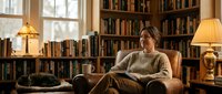 Young woman reading book in cozy home library with warm lighting, surrounded by bookshelves, sitting in comfortable armchair for relaxation and study.