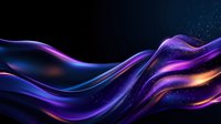 Luminous flowing waves in deep purple and blue with glowing orange accents against black background create dynamic abstract composition with cosmic feel.