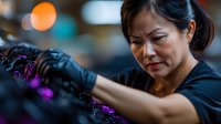Asian female florist in black attire arranging purple flowers with focused expression. Soft bokeh background creates professional atmosphere for small business and retail concepts.