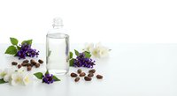 Essential oil bottle with lavender flowers, white roses and coffee beans on clean white background for aromatherapy and wellness products.