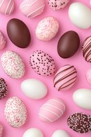 Decorated chocolate Easter eggs with pink and white stripes, sprinkles and drizzles on pink background. Sweet holiday treats arranged in modern pattern.