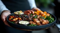 Grilled meat platter with assorted vegetables, roasted tomatoes and creamy sauce served on dark plate. Restaurant server holding rustic wooden board with mixed barbecue.