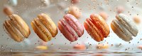 Colorful macarons in a row with flying crumbs and sparkles on light background. Sweet French confectionery dessert.