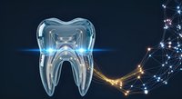 Transparent tooth cross-section with glowing neural network connections on dark background, representing dental technology, oral health innovation, and digital dentistry solutions.