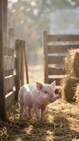 Young pink piglet standing in rustic barn corridor with wooden gates and straw bedding, suitable for agricultural, farm lifestyle, and animal husbandry content.