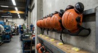 Industrial safety helmets and protective gear organized on wall-mounted storage rack in manufacturing facility workshop for workplace safety compliance.