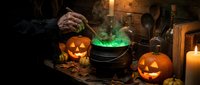 Witch's hand stirring glowing green potion in cauldron surrounded by carved jack-o-lanterns and candles in dark mystical setting for Halloween decorations and spooky themed designs.
