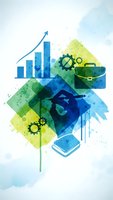 Business growth concept with watercolor elements, rising chart, briefcase and gears on light background for corporate presentations and marketing materials.